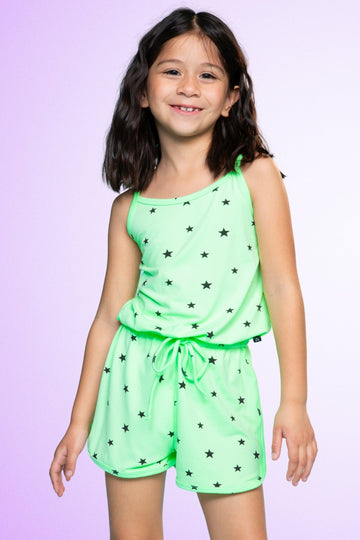 Simply Soft Strappy Short Romper - Neon Lime Star