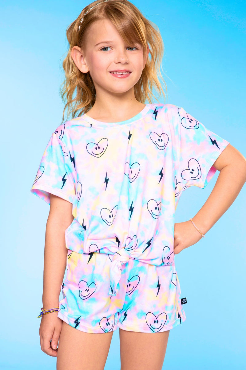 Simply Soft Tie Front Tee & Dolphin Short Set - Pastel Tie Dye Heart Bolt