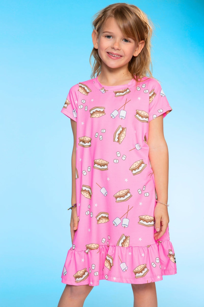 Simply Soft Short Sleeve Ruffle Nightgown - Neon Pink S'mores