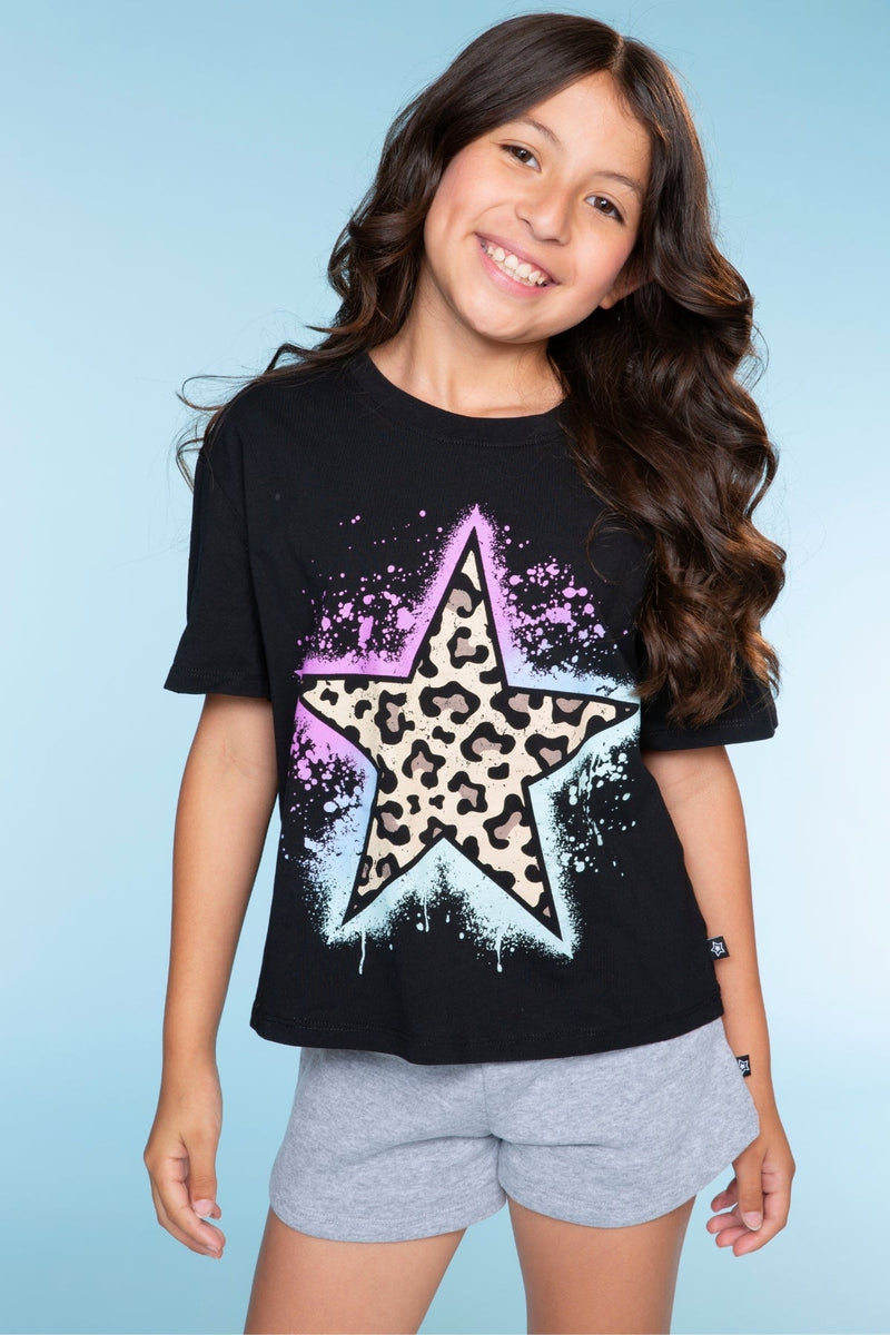 Washed Cotton Drop Shoulder Tee - Black Leopard Star