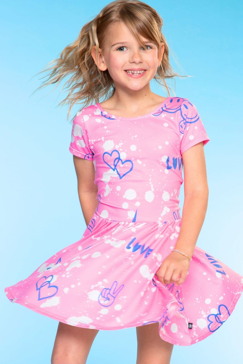 Simply Soft Short Sleeve Scoop Back Be Happy Dress - Pink Bleach Emojis