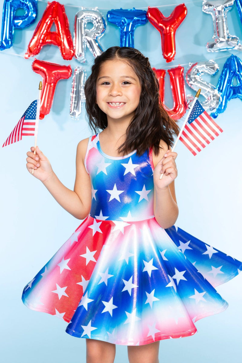 Glitter Tank Super Twirl Dress - Blue Red Stripe Star