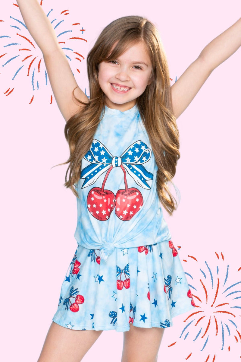 Simply Soft Sleeveless Tie Tank & Skort Set - Blue Tie Dye Cherry Bow