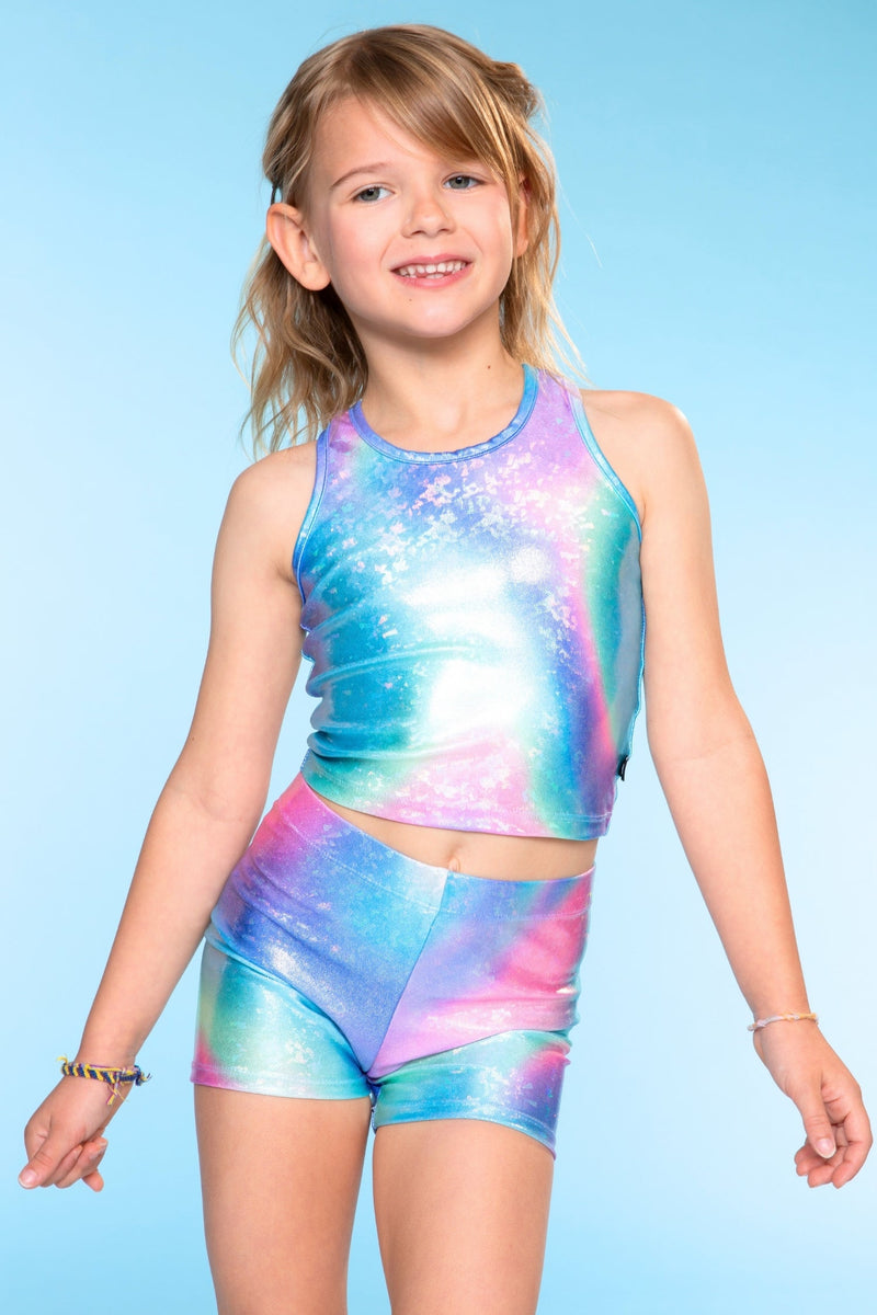 High Shine Cropped Racerback Tank & Tumble Short - Foil Rainbow Tie Dye
