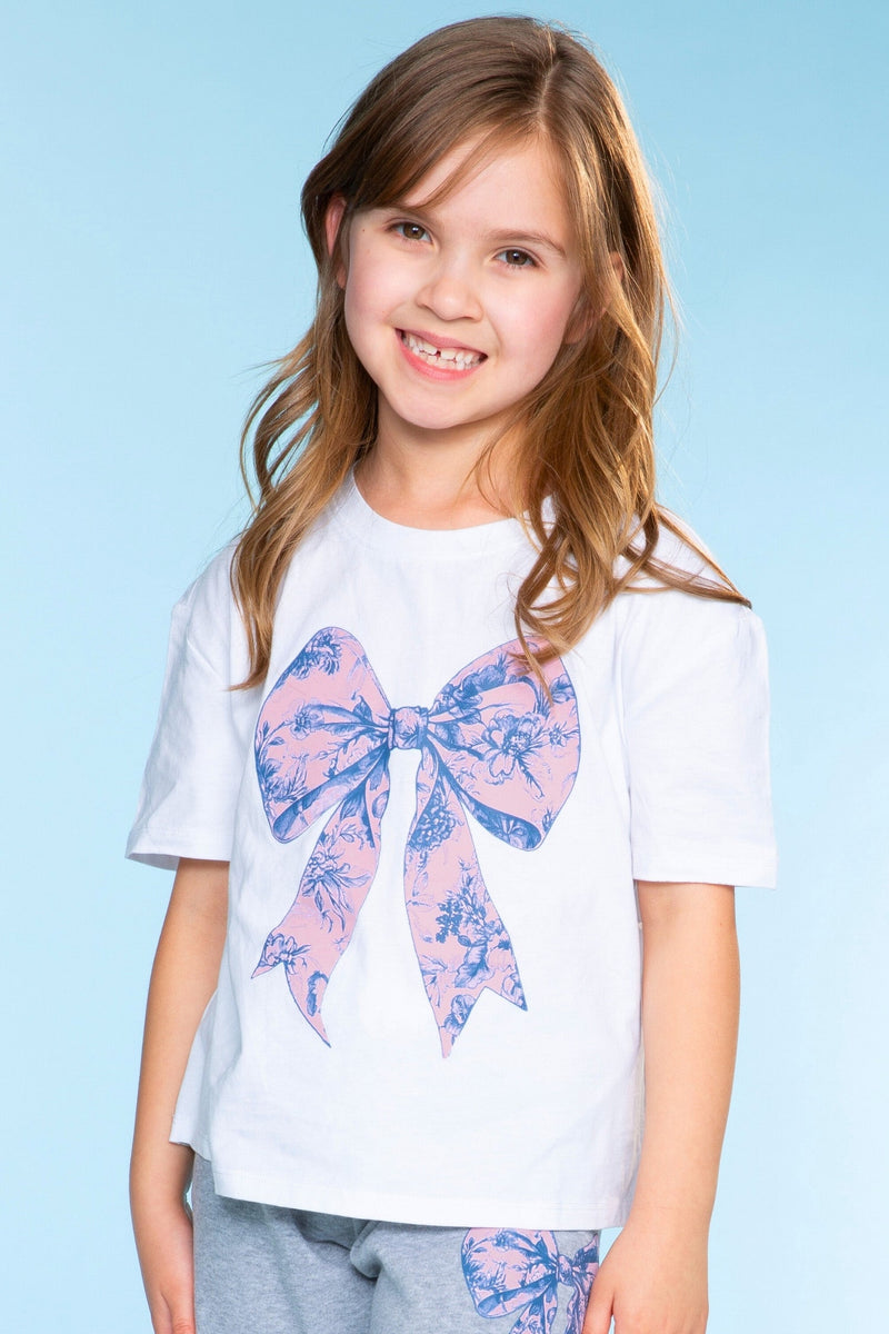 Washed Cotton Drop Shoulder Tee - White Floral Bow