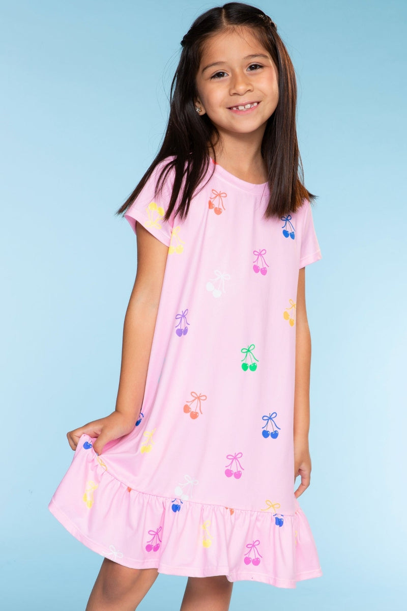 Simply Soft Short Sleeve Ruffle Nightgown - Pink Rainbow Cherries