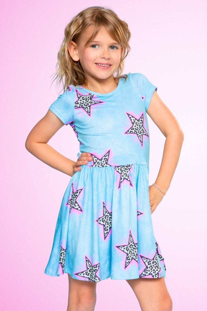 Simply Soft Short Sleeve Be Happy Dress - Denim Leopard Star