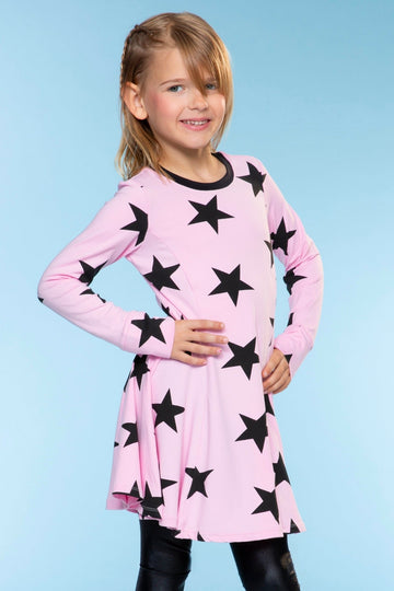 Simply Soft Long Sleeve Twirl Dress - Pink Black Stars - NEW!