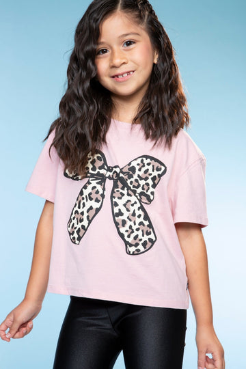 Washed Cotton Drop Shoulder Tee. - Dusty Pink Leopard Bow - NEW!