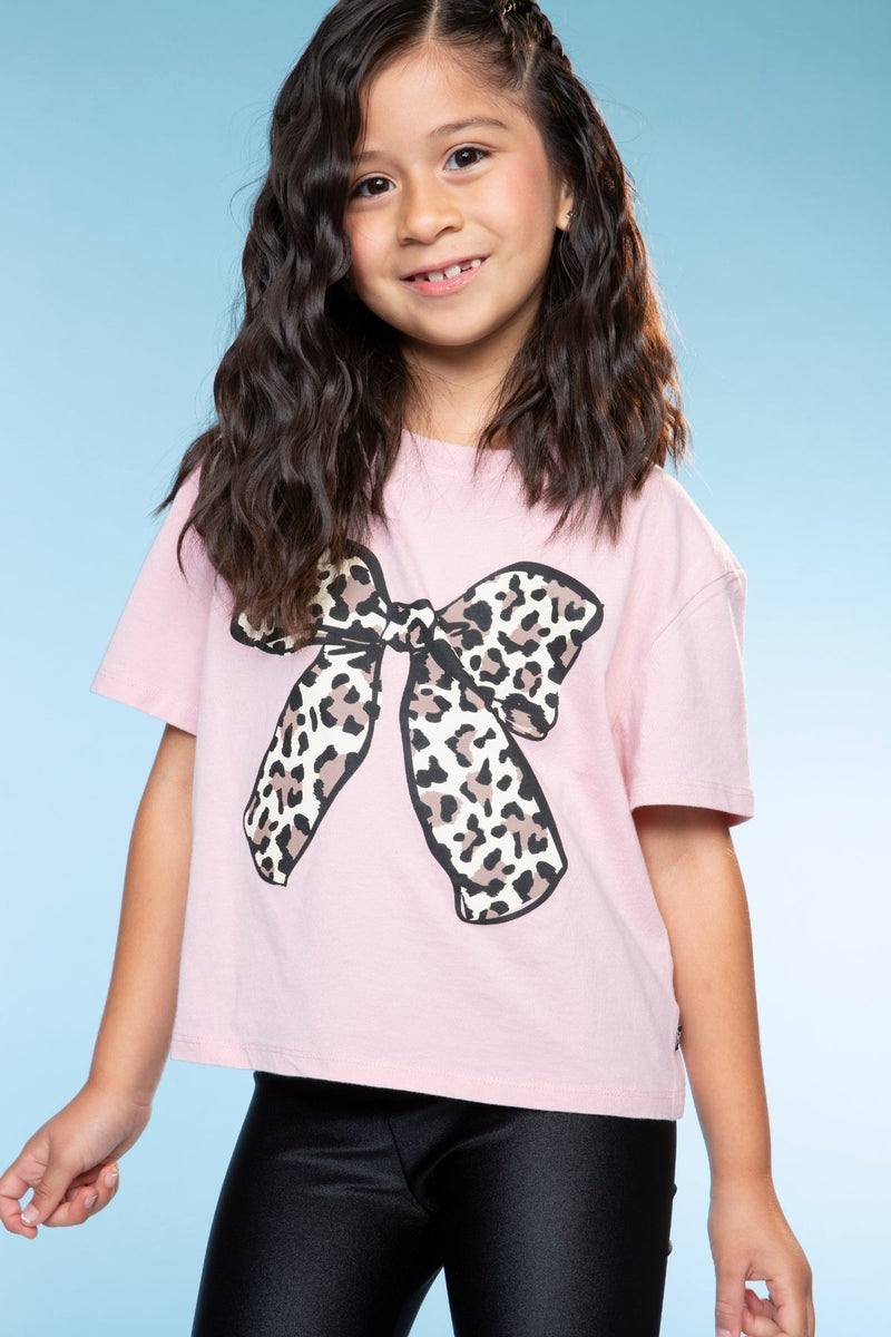 Washed Cotton Drop Shoulder Tee. - Dusty Pink Leopard Bow