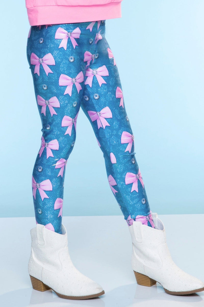 Glitter Foil High Shine Legging - Denim Leopard Pink Bow