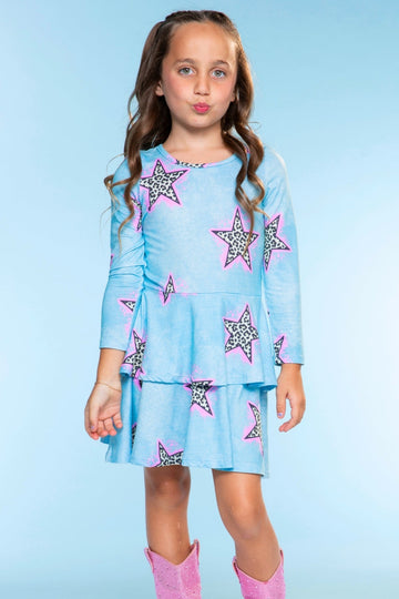 Simply Soft Long Sleeve Ruffle Skirt Dress - Denim Leopard Star - NEW!