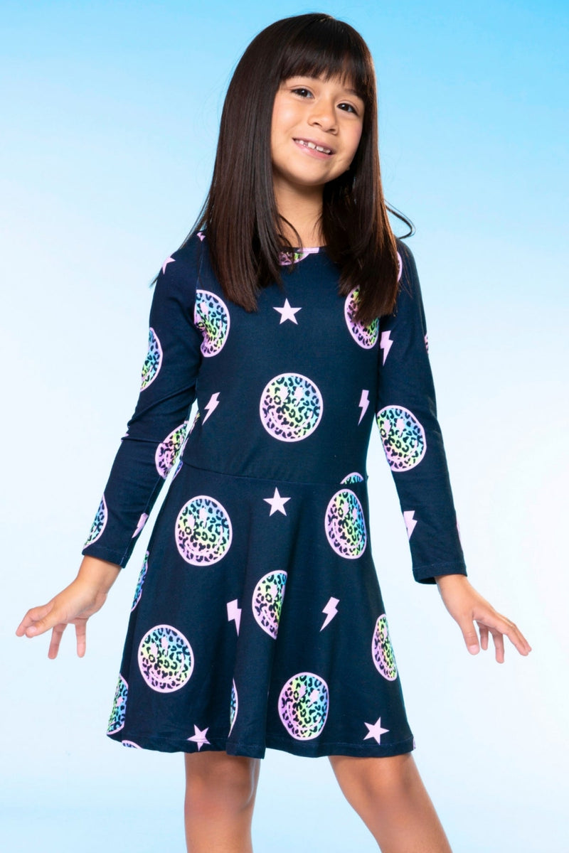 Simply Soft Long Sleeve Skater Dress - Black Rainbow Leopard Smile