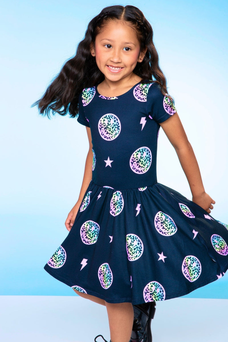 Simply Soft Short Sleeve Be Happy Dress - Black Rainbow Leopard Smile