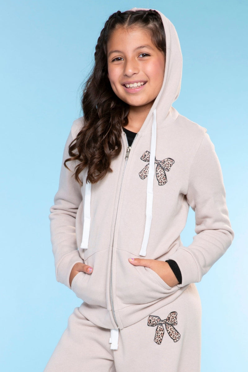 Cotton Soft French Terry Easy Zip Hoodie - Latte Leopard Bow