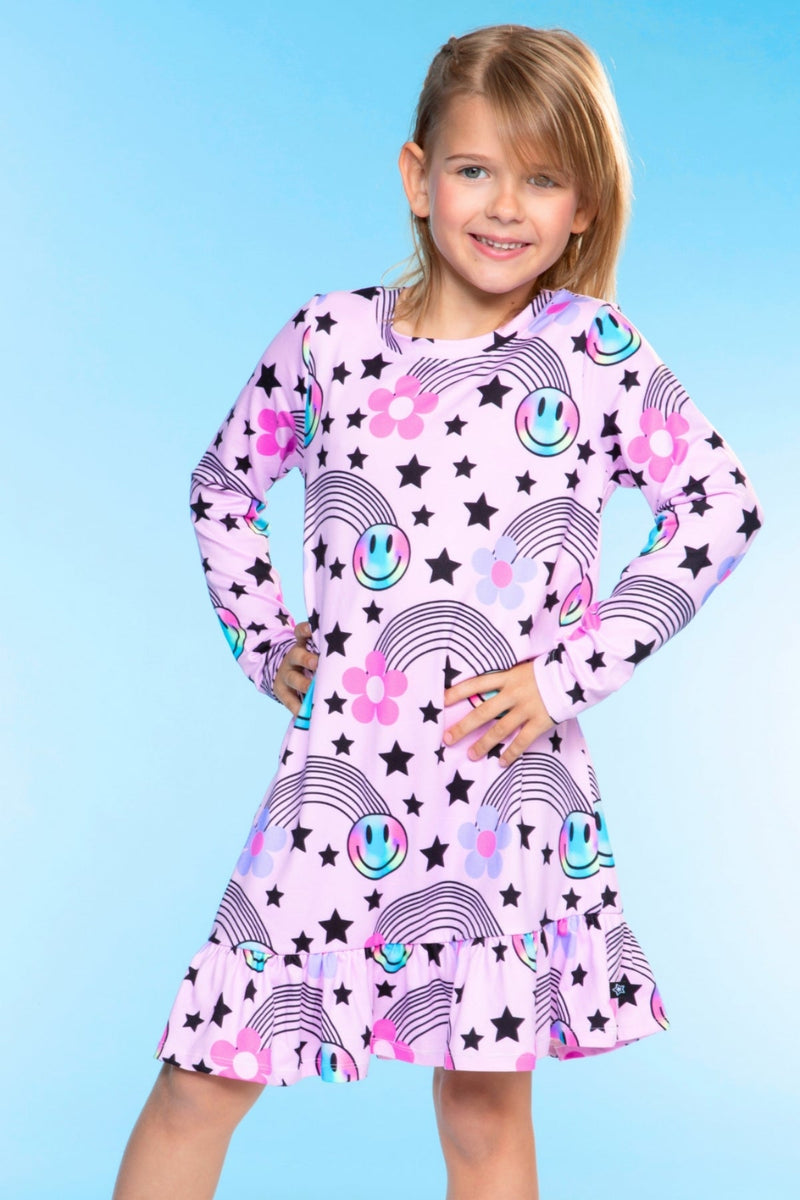 Simply Soft Long Sleeve Ruffle Nightgown - Pink Groovy Rainbow