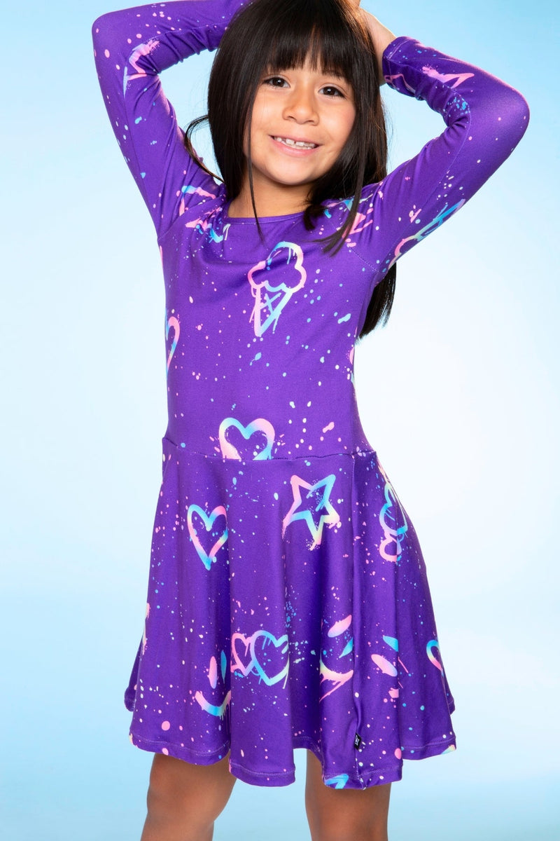 Simply Soft Long Sleeve Skater Dress - Purple Graffiti Rainbow