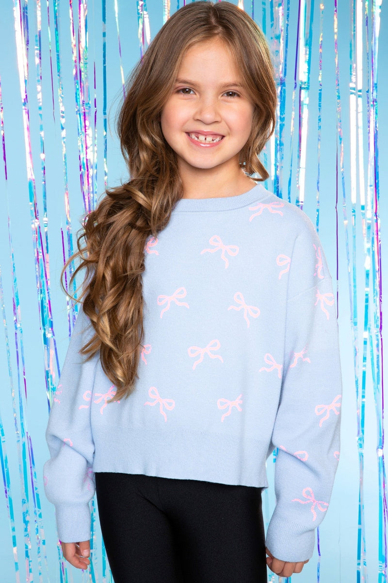 Yummy Soft Crew Neck Sweater - Light Blue Pink Bow - NEW!