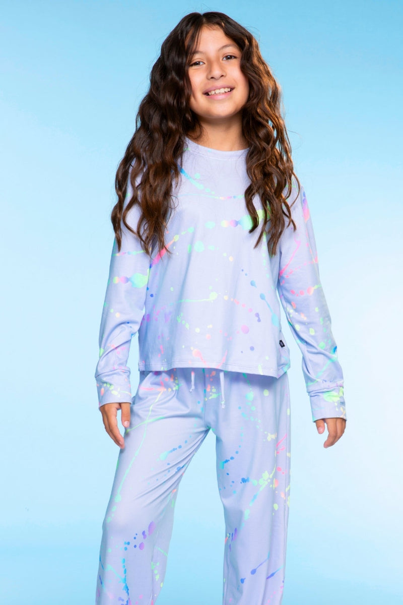 Simply Soft Long Sleeve Easy Tee & Karate Pant - Lilac Pastel Splatter