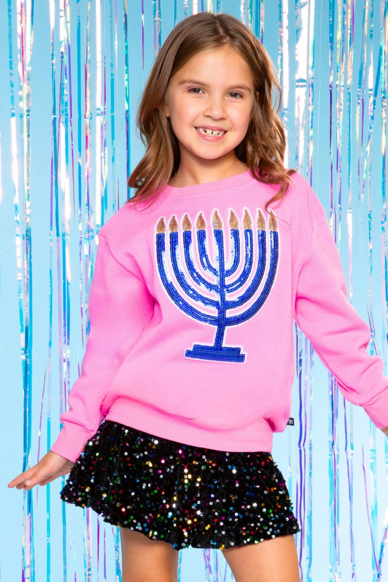 Cotton Soft French Terry Oversized Sweatshirt - Neon Pink Menorah - NEW!