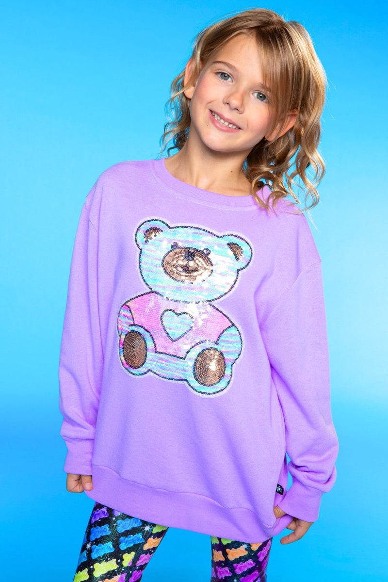 Cotton Soft French Terry Oversized Sweatshirt - Neon Violet Sequin Bear - NEW!