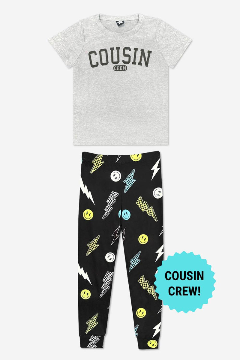 Triblend Short Sleeve Tee & Slim Lounge Bottom - Black Grey Cousin Crew Smile
