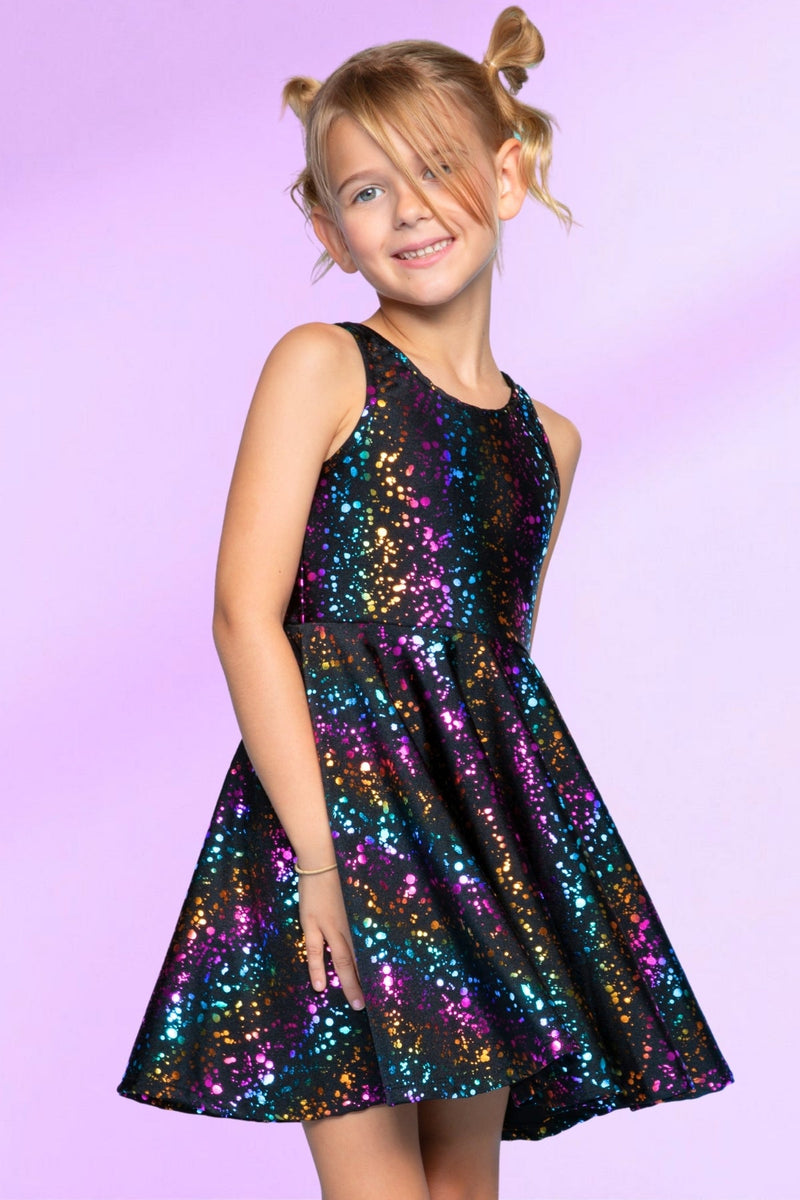 Glitter Tank Super Twirl Dress - Black Rainbow Foil Splatter - NEW!