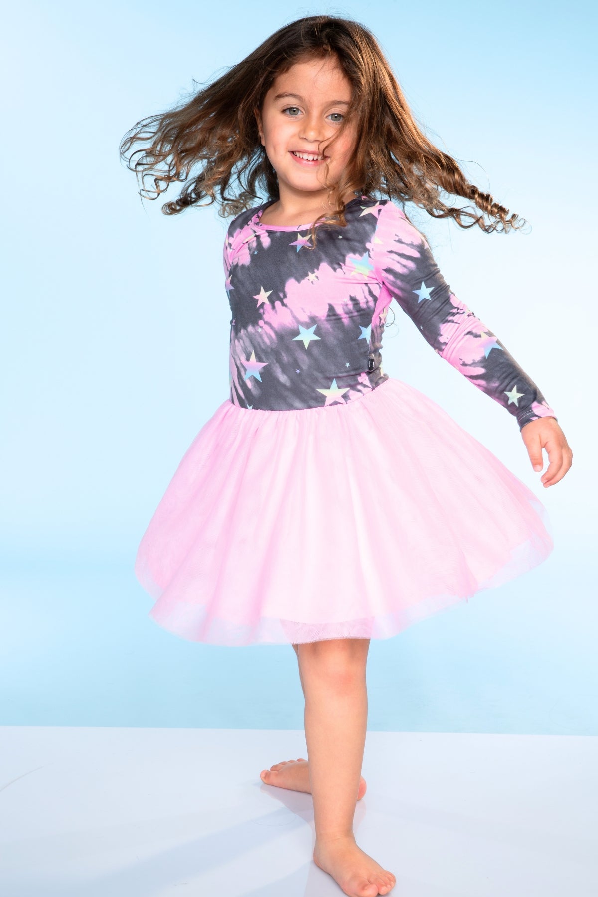 Simply Soft Long Sleeve Be Happy Tulle Dress - Pink Grey Tie Dye Stars