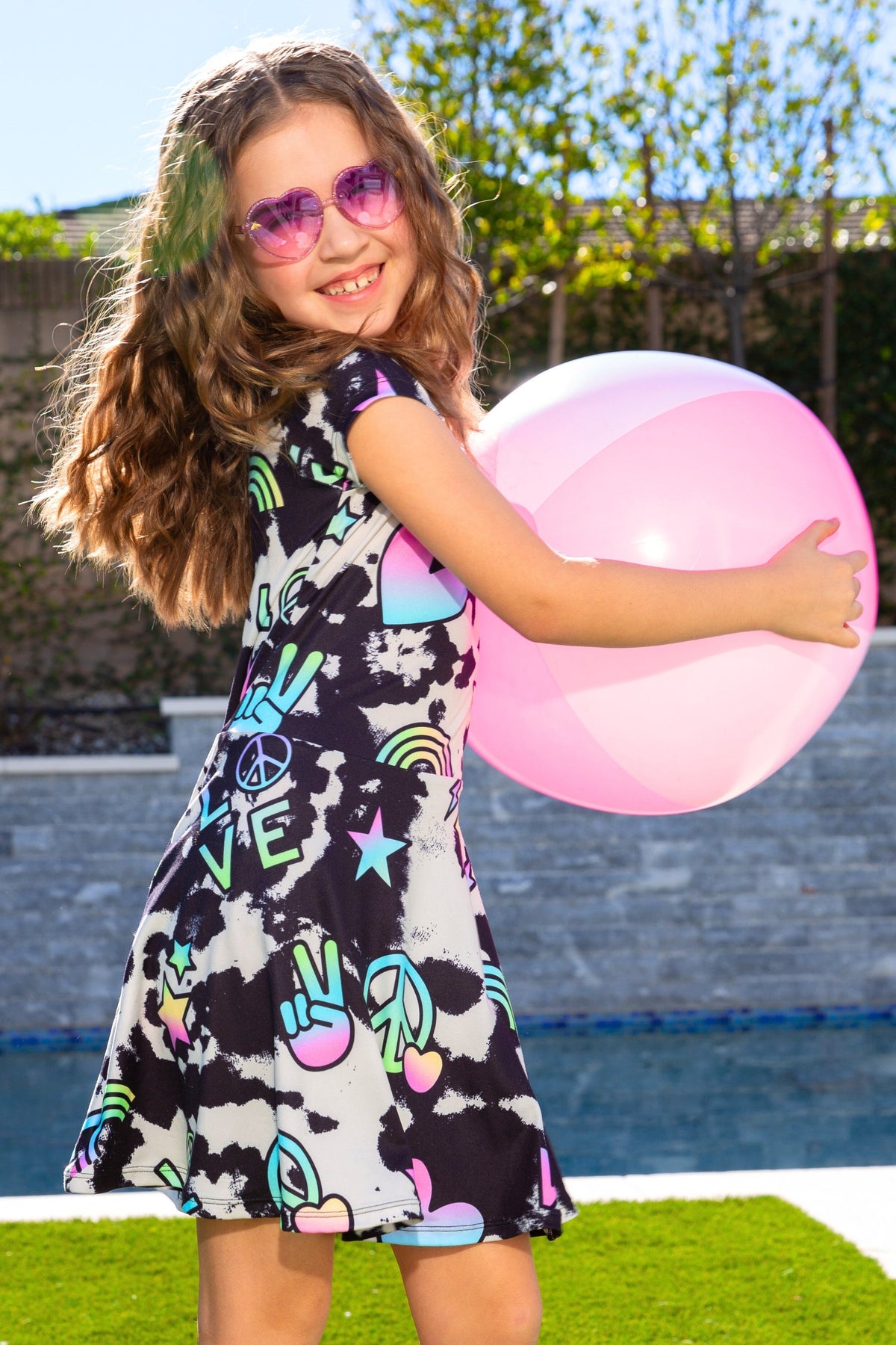 Simply Soft Short Sleeve Skater Dress - Black Tie Dye Rainbow Icons