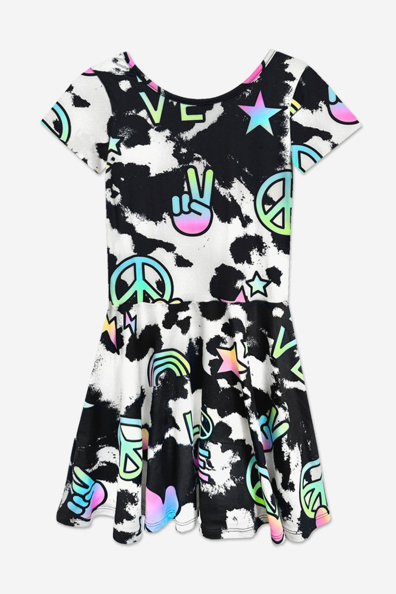 Simply Soft Short Sleeve Skater Dress - Black Tie Dye Rainbow Icons