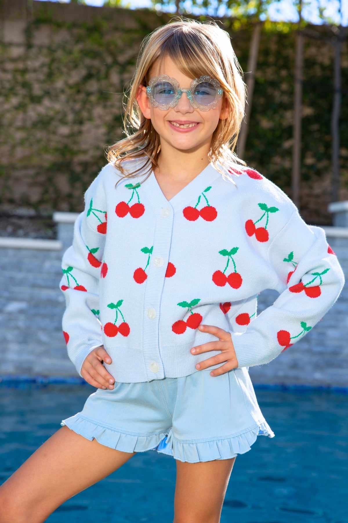 Yummy Soft Cardigan Sweater - Lt Blue Red Cherry