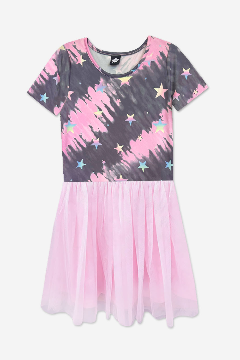 Simply Soft Short Sleeve Be Happy Tulle Dress - Pink Grey Tie Dye Stars