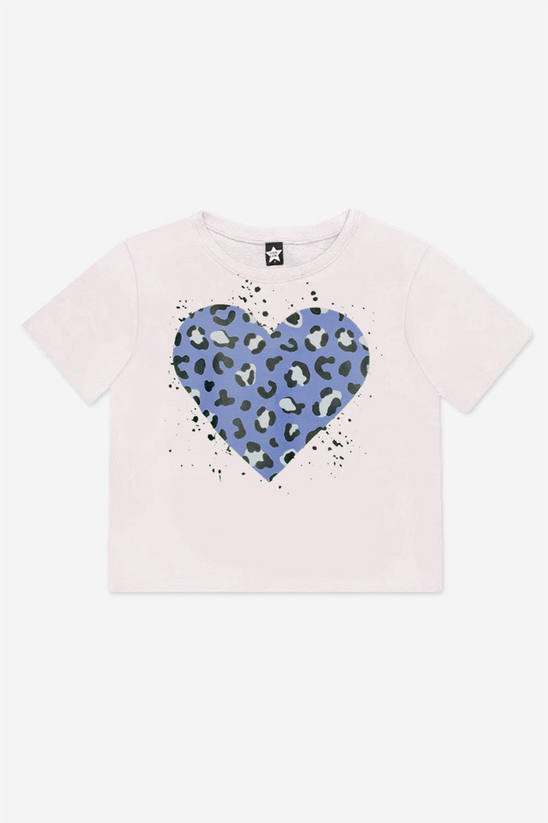 Washed Cotton Drop Shoulder Tee. - Cream Denim Leopard Heart