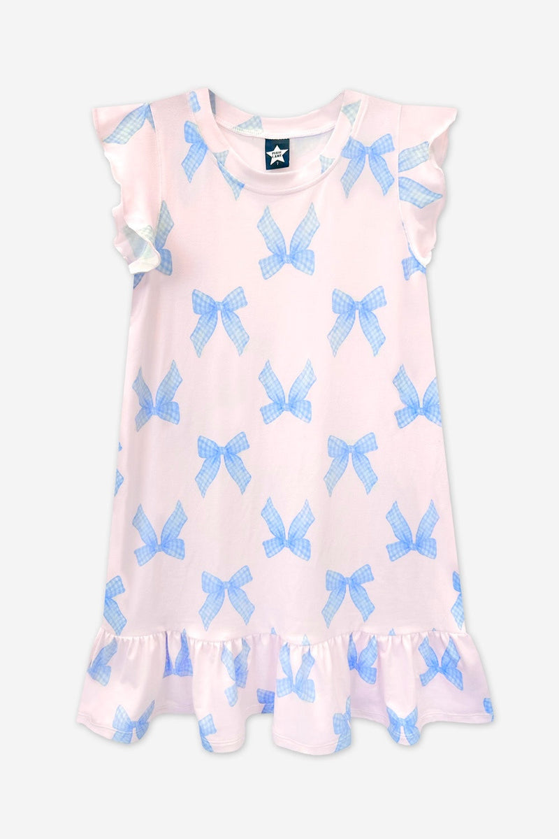Simply Soft Flutter Sleeve Lounge Dress - Blush Blue Gingham Bow