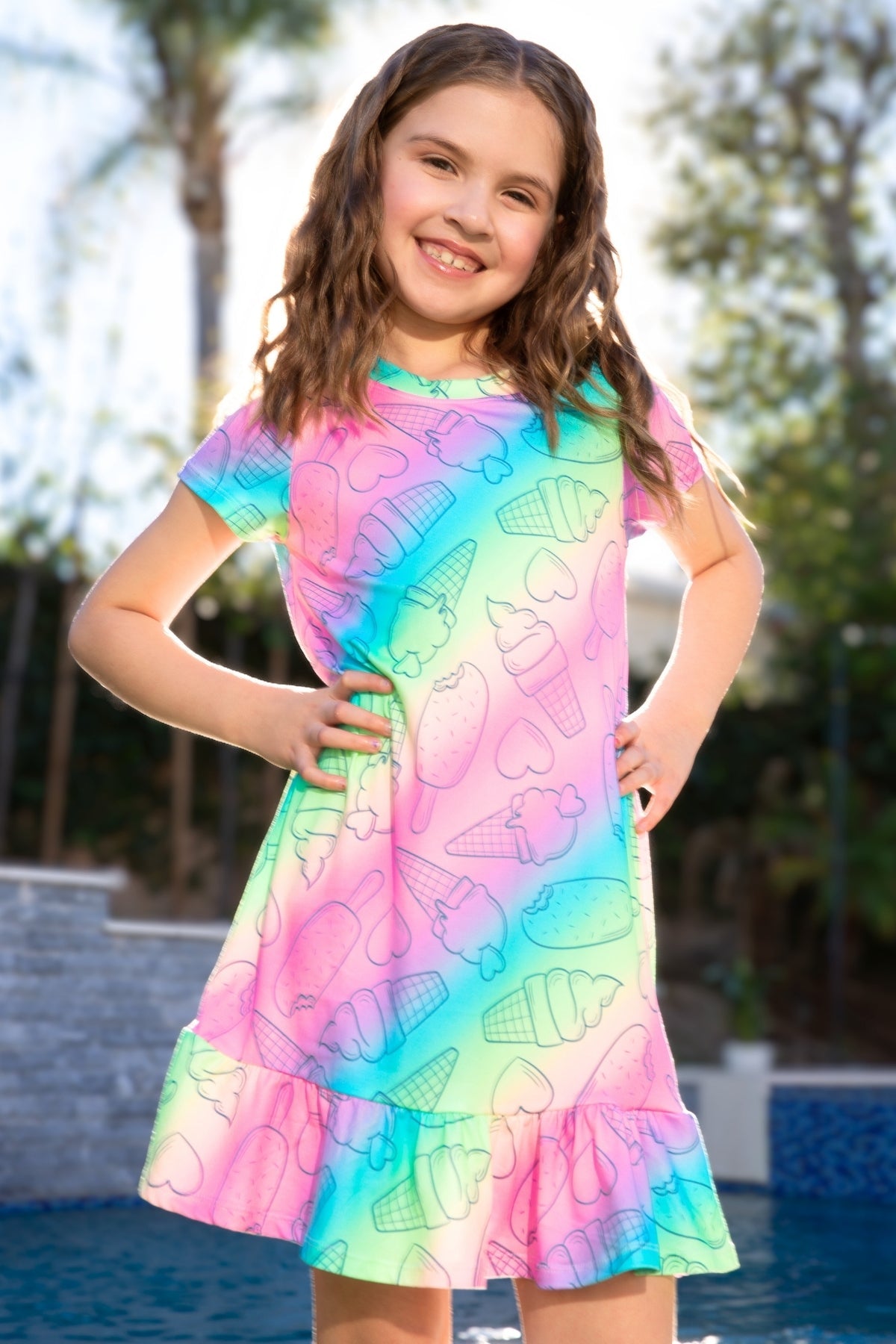 Simply Soft Short Sleeve Ruffle Lounge Dress - Lilac Rainbow Gummy Bear