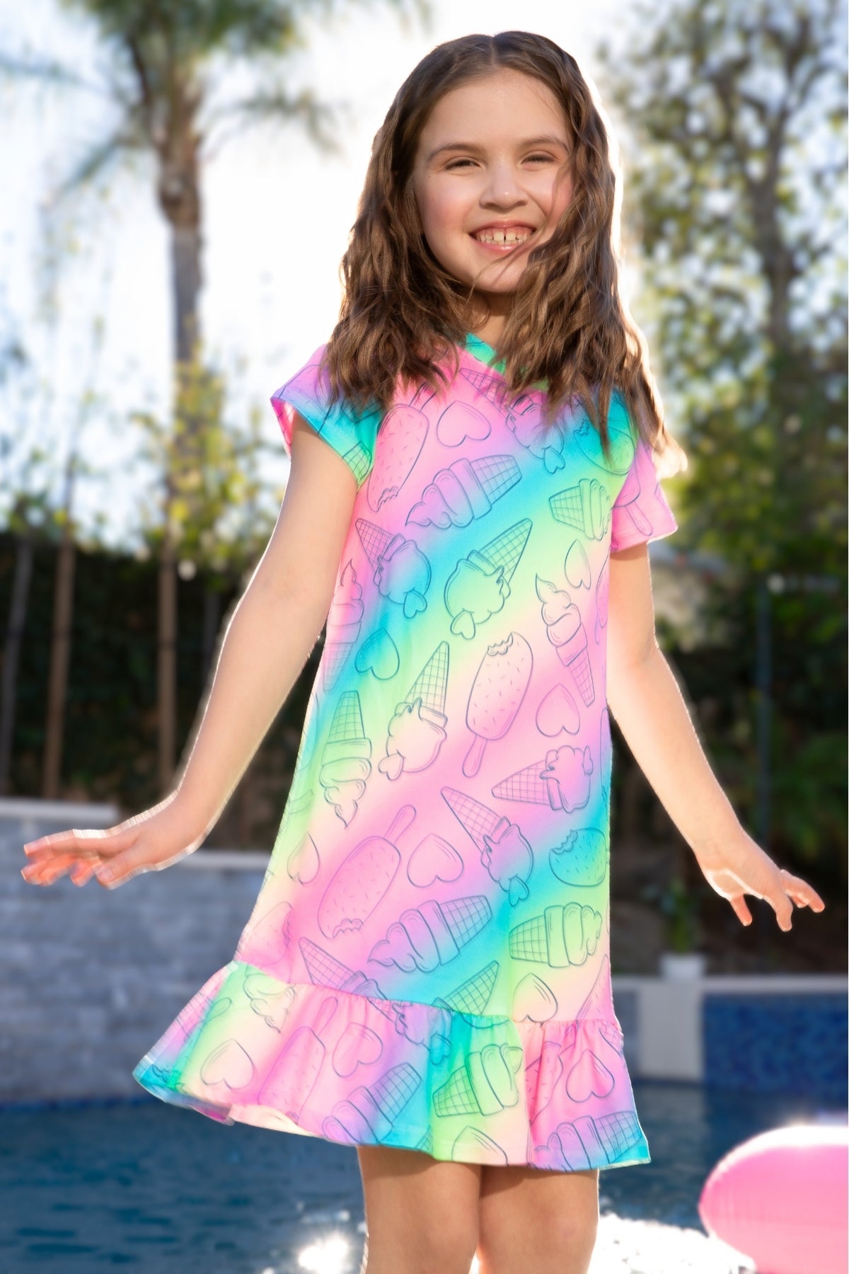 Simply Soft Short Sleeve Ruffle Lounge Dress - Lilac Rainbow Gummy Bear