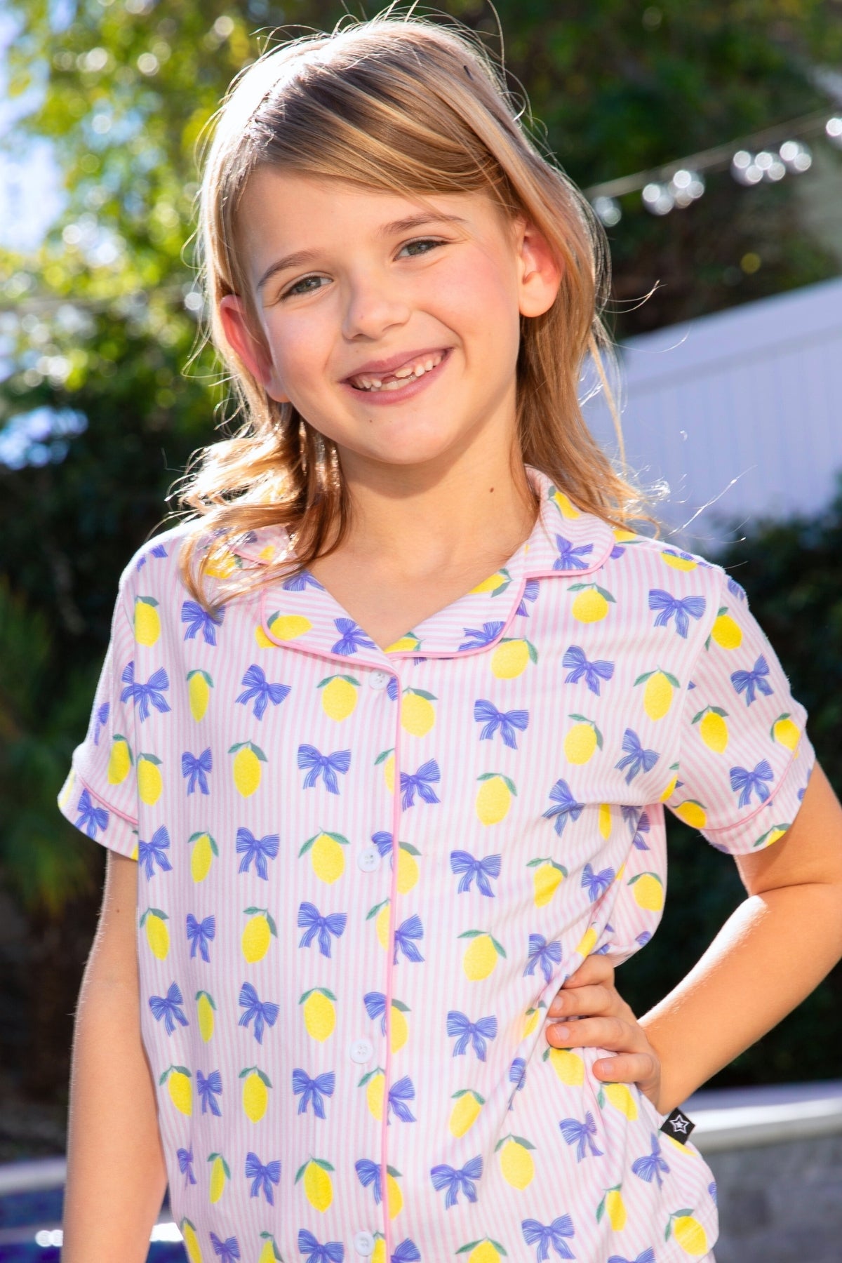 2 Pack - Short Sleeve Simply Soft Button Down Top & Short - Pink Ivory Striped Strawberry | Ivory Pink Stripe Bear Bow