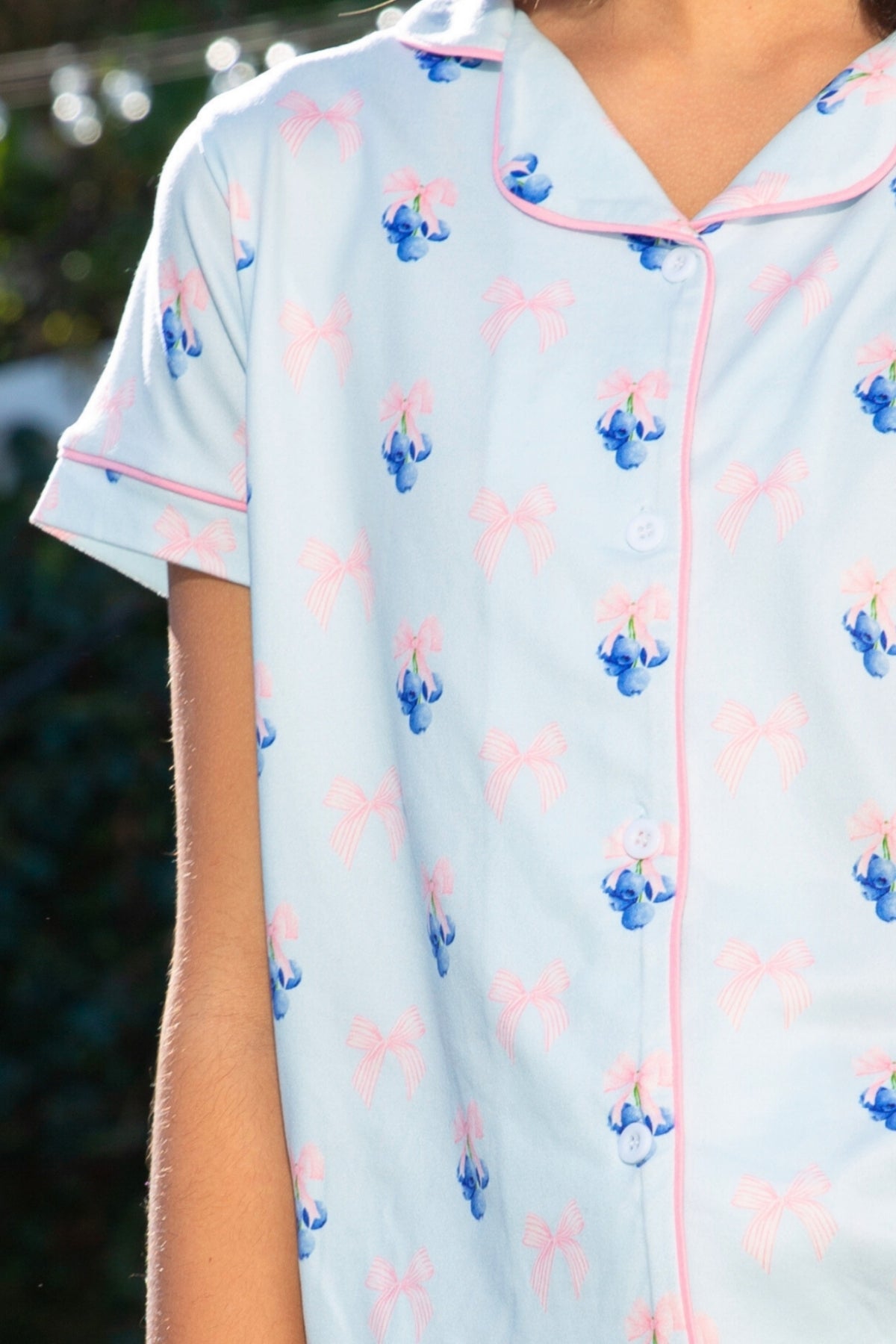 3 Pack - Short Sleeve Simply Soft Button Down Top & Short - Sage Pink Makeup | Ivory Pink Stripe Bear Bow | Pink Ivory Striped Strawberry
