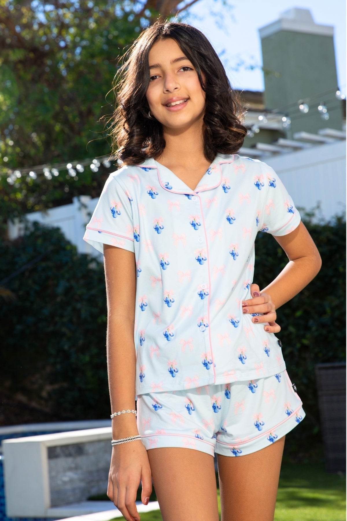 Short Sleeve Simply Soft Button Down Top & Short - Pink Ditsy Floral