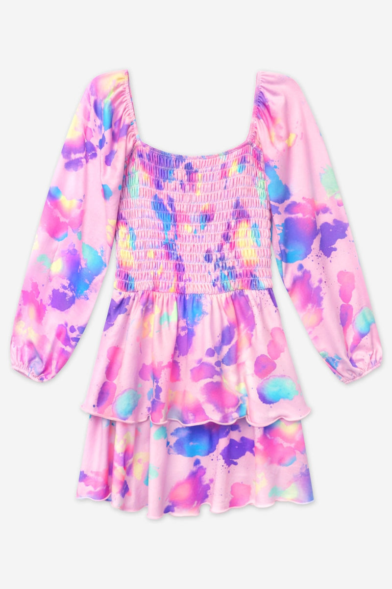 Simply Soft Long Sleeve Smocked Ruffle Skirt Dress - Pink Bleach Tie Dye