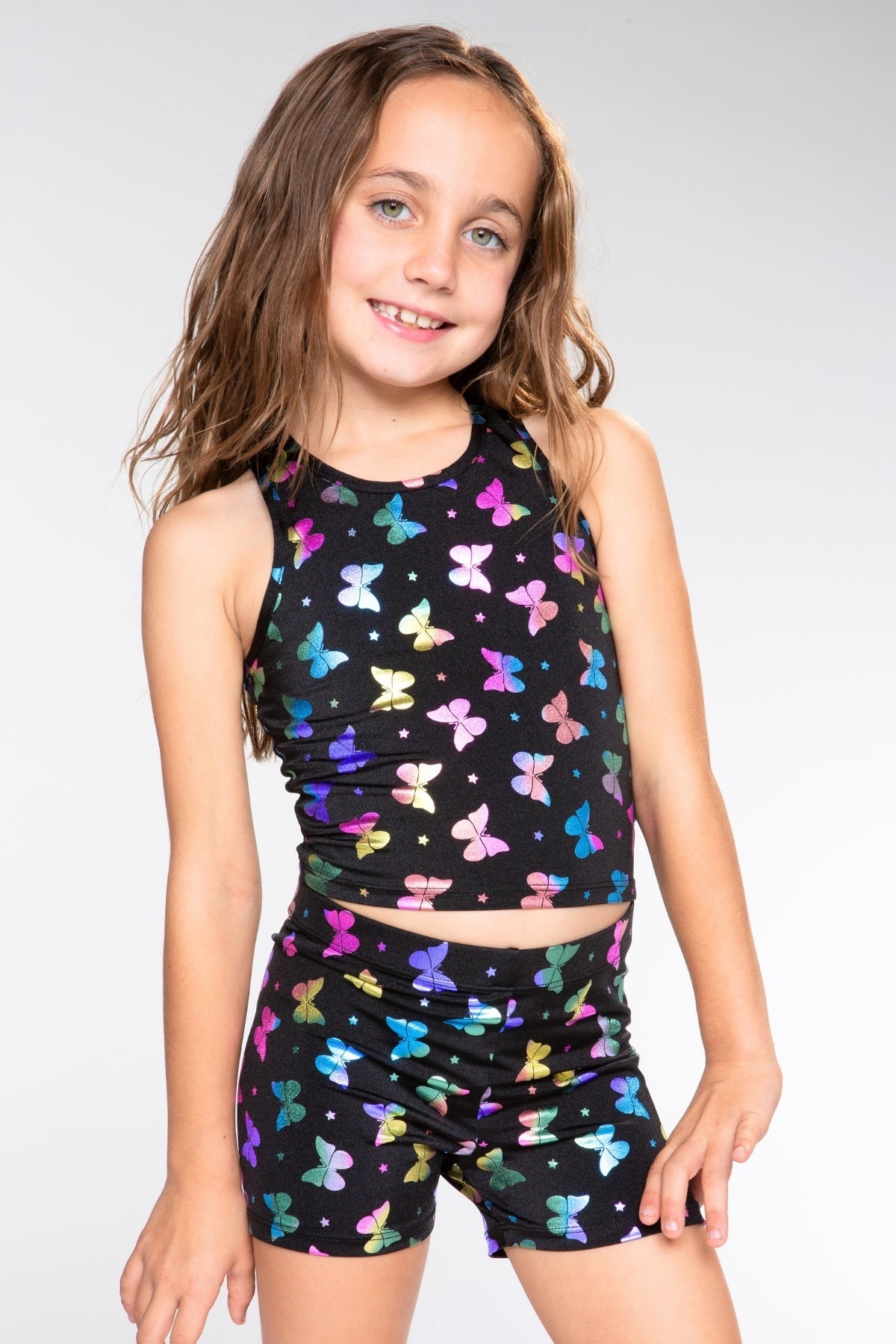 High Shine Cropped Racerback Tank & Tumble Short - Black Sparkle Rainbow Gummy Bear