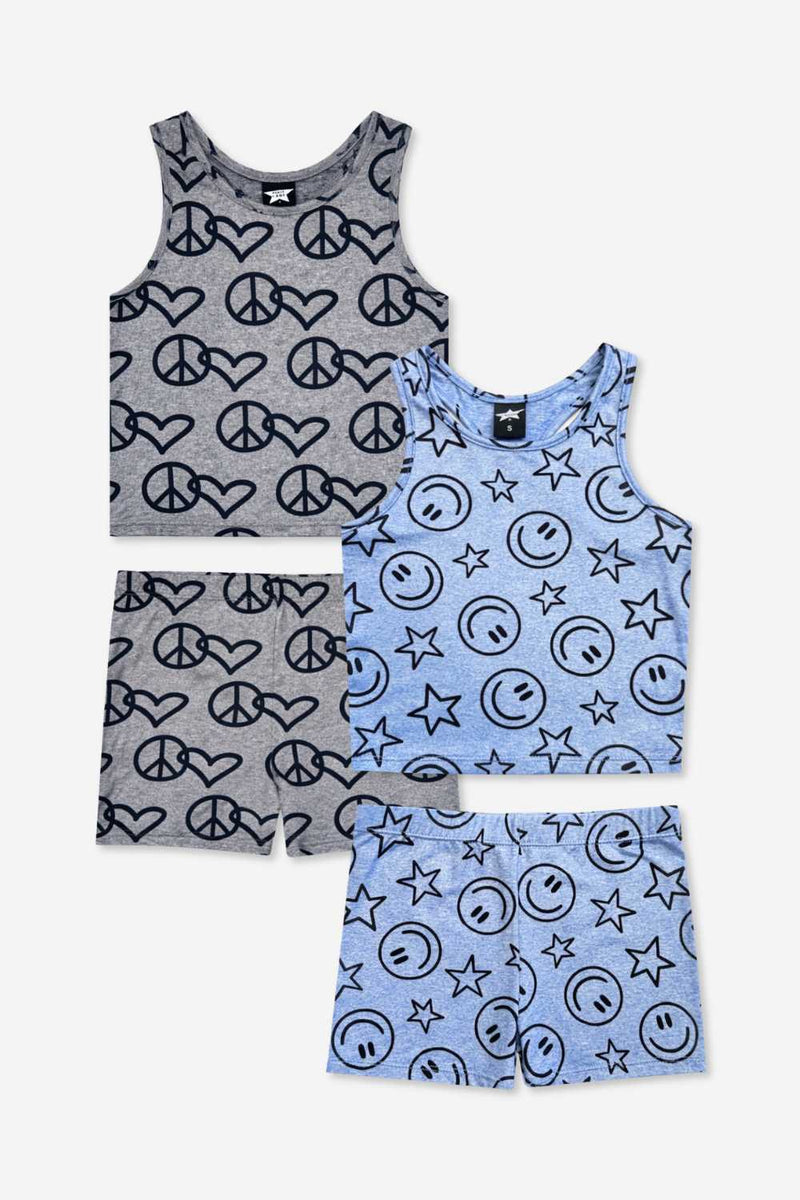 2-Pack Simply Soft Luxe Cropped Racerback Tank & Tumble Short - Light Blue Smile Star | Steel Black Peace Heart