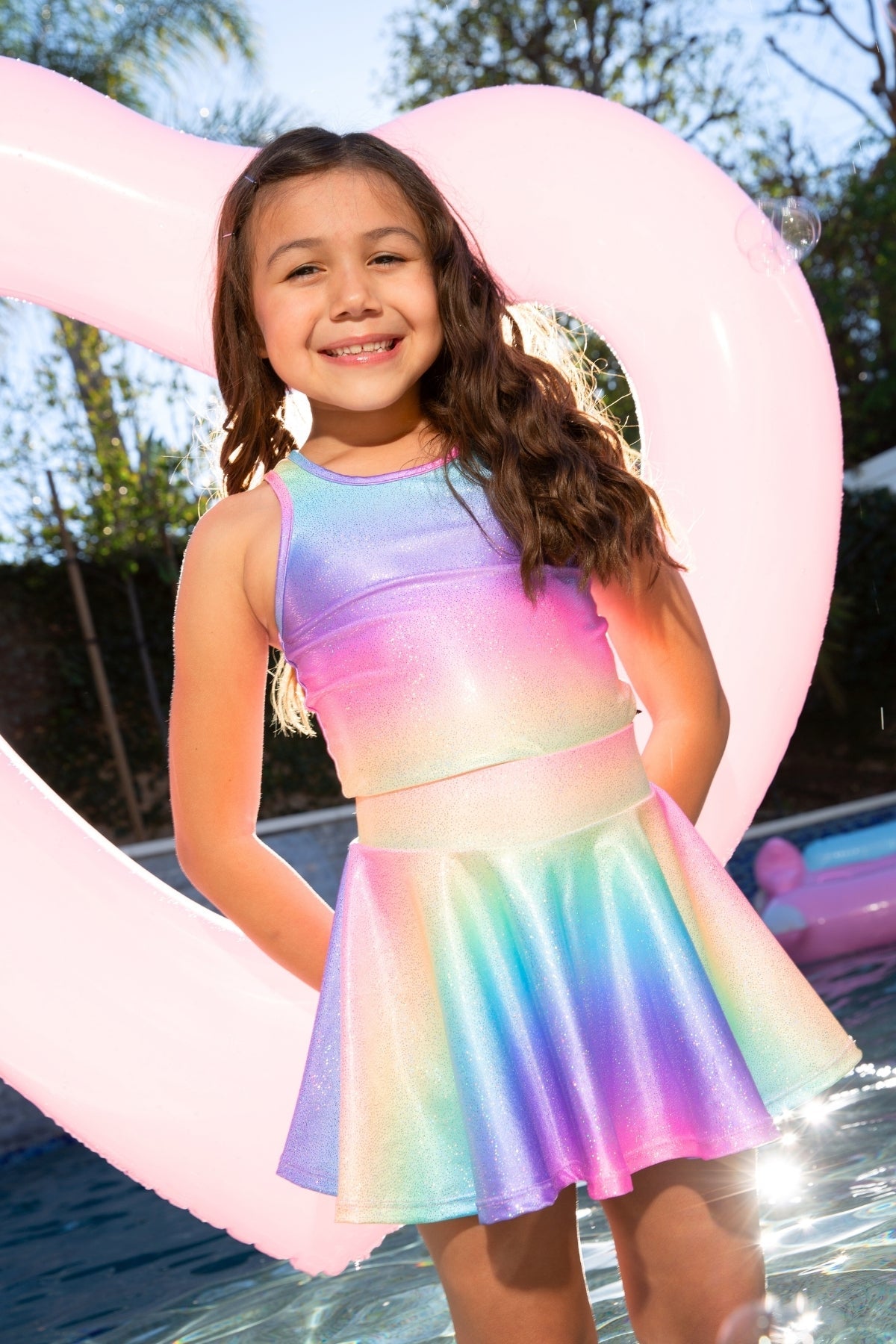 High Shine Cropped Racerback Tank & Skort - Rainbow Glitter