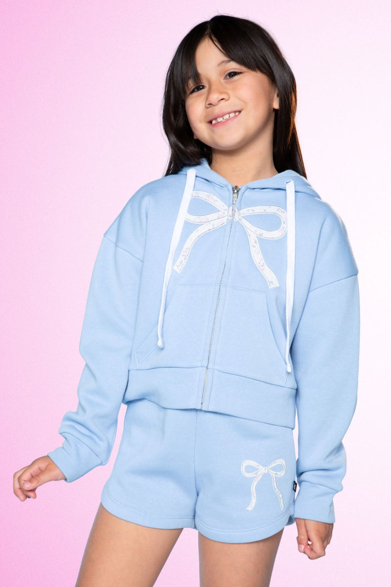 Cloud Soft French Terry Drop Shoulder Zip Hoodie - Light Blue Floral Bow - NEW!