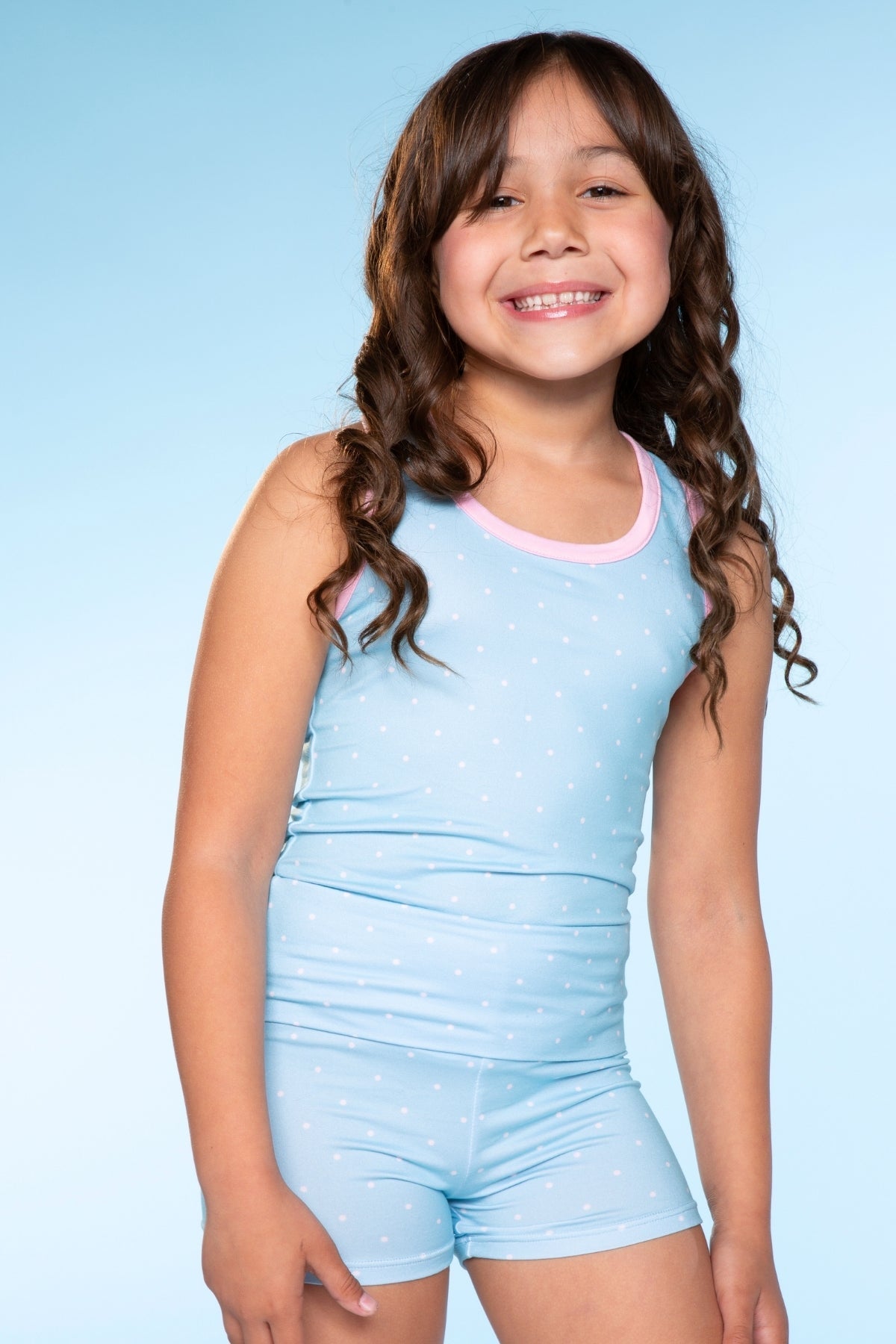 Racerback Tank & Foldover Short Set - Denim Pink Polka Dot