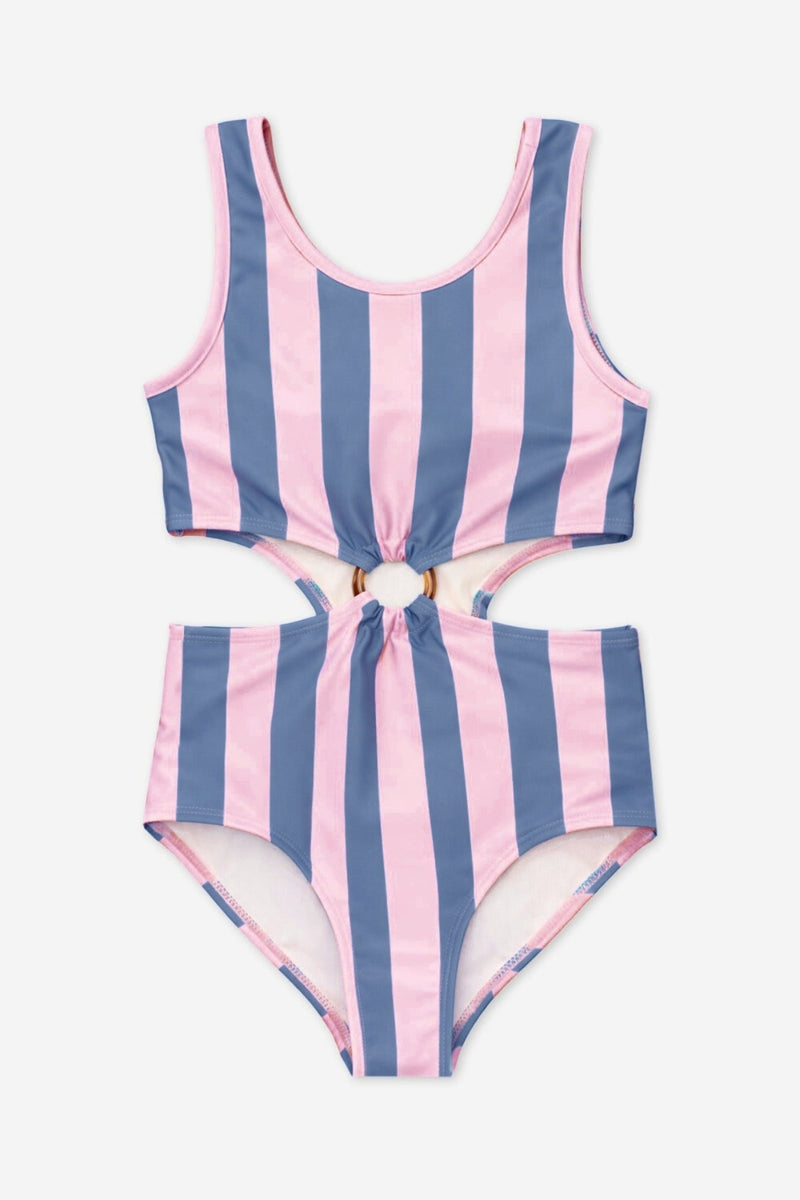 Tortoise Ring Cut-Out One Piece Swimsuit - Navy Pink Stripe