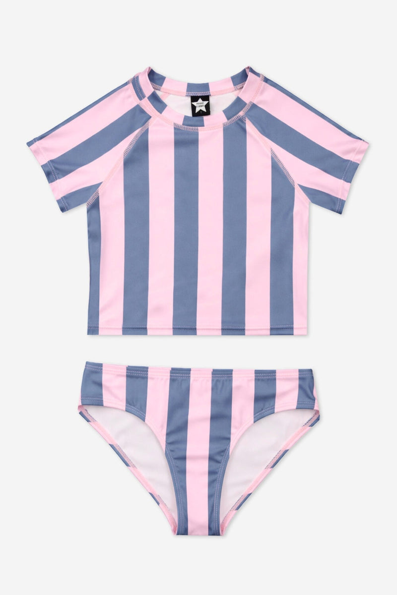 Short Sleeve Cropped Rashguard Swimsuit - Navy Pink Stripe
