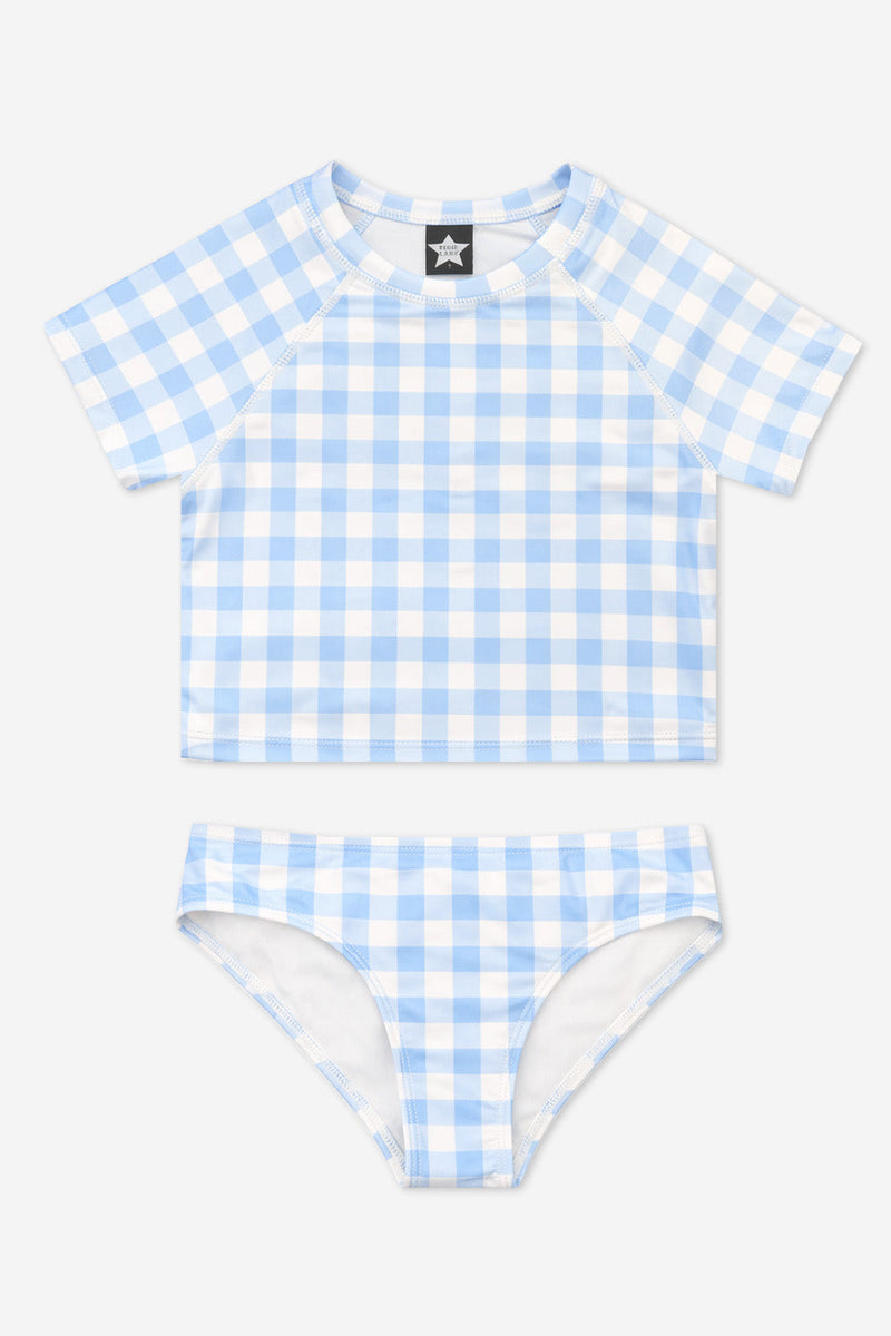 Short Sleeve Cropped Rashguard Swimsuit - Lt Blue Gingham
