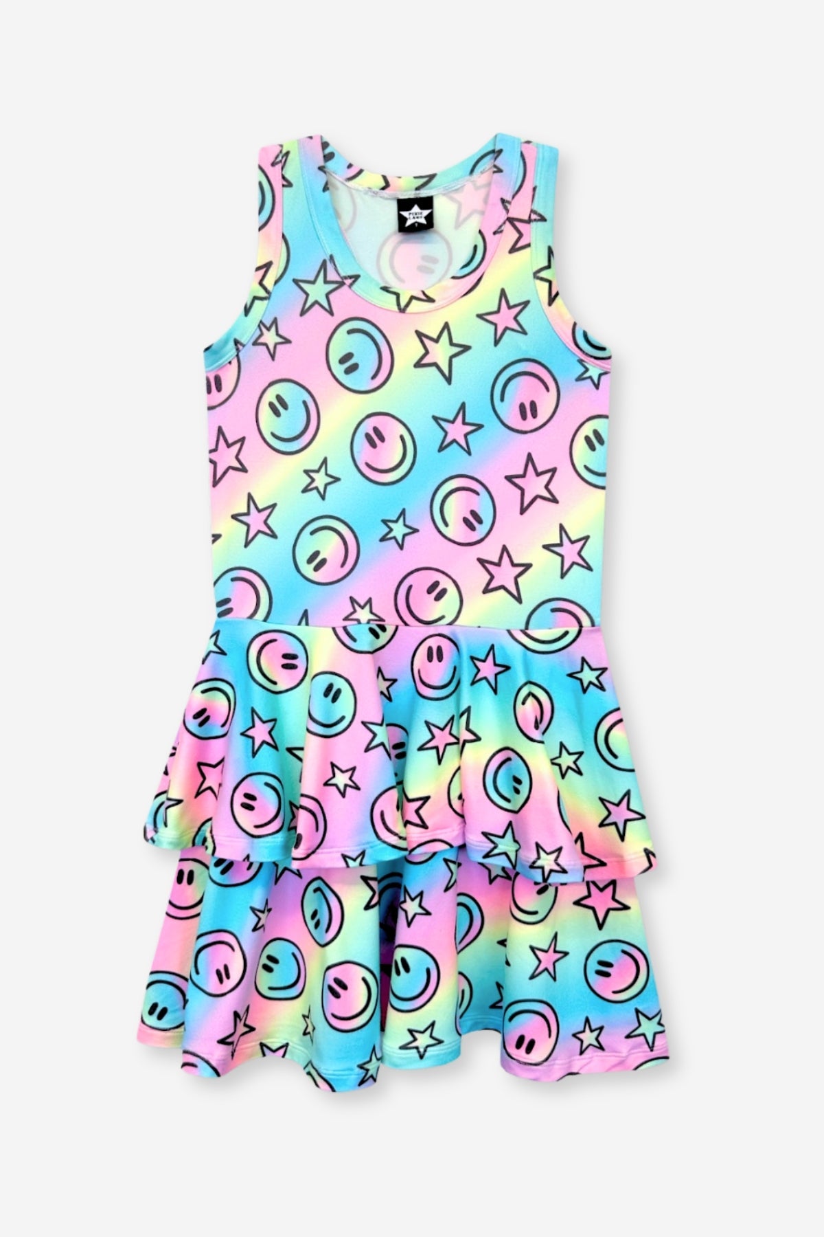 Simply Soft Racerback Ruffle Skirt Dress - Blue White Emojis Stickers