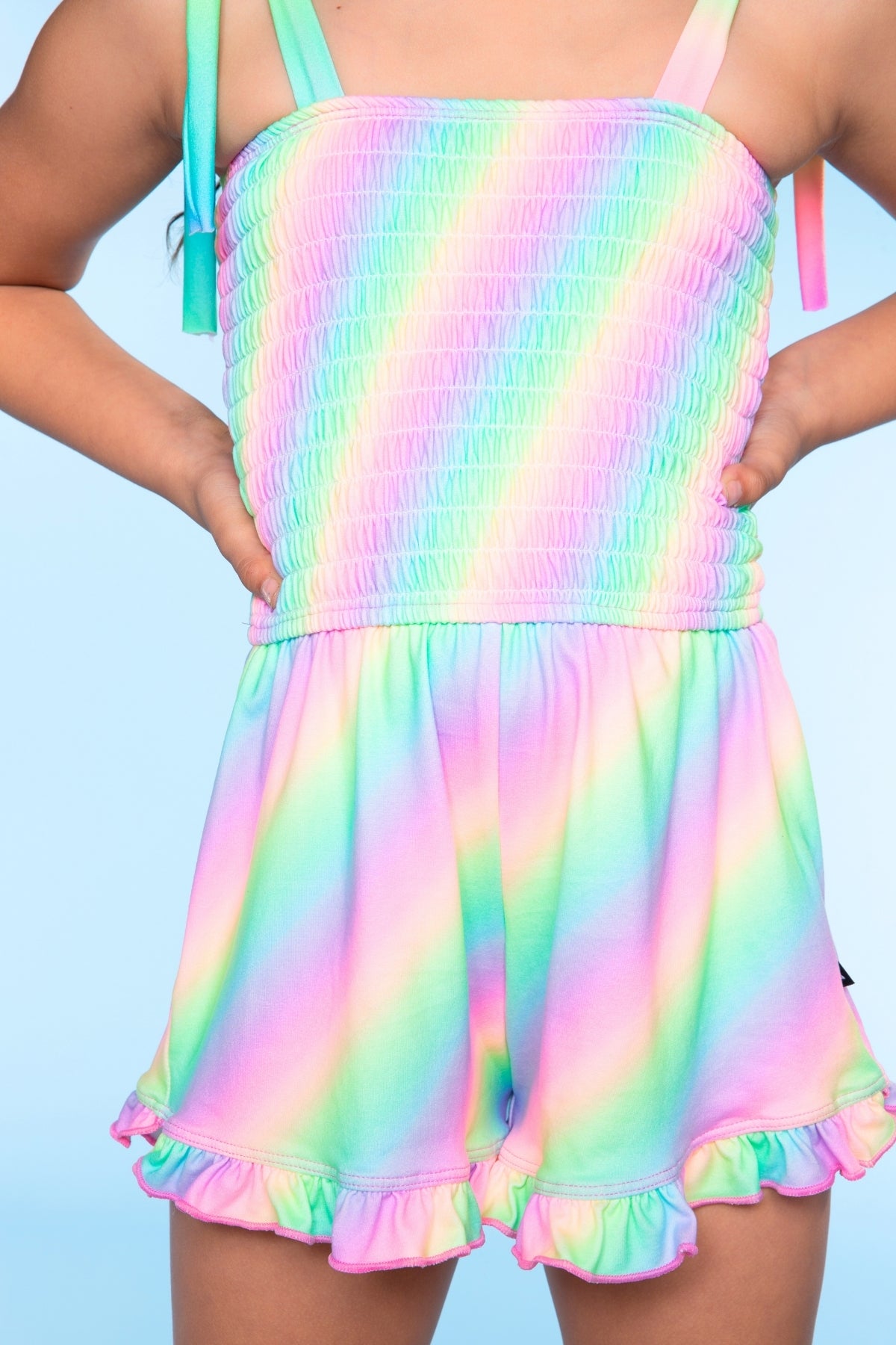 Smocked Ruffle Hem Romper - Pastel Rainbow